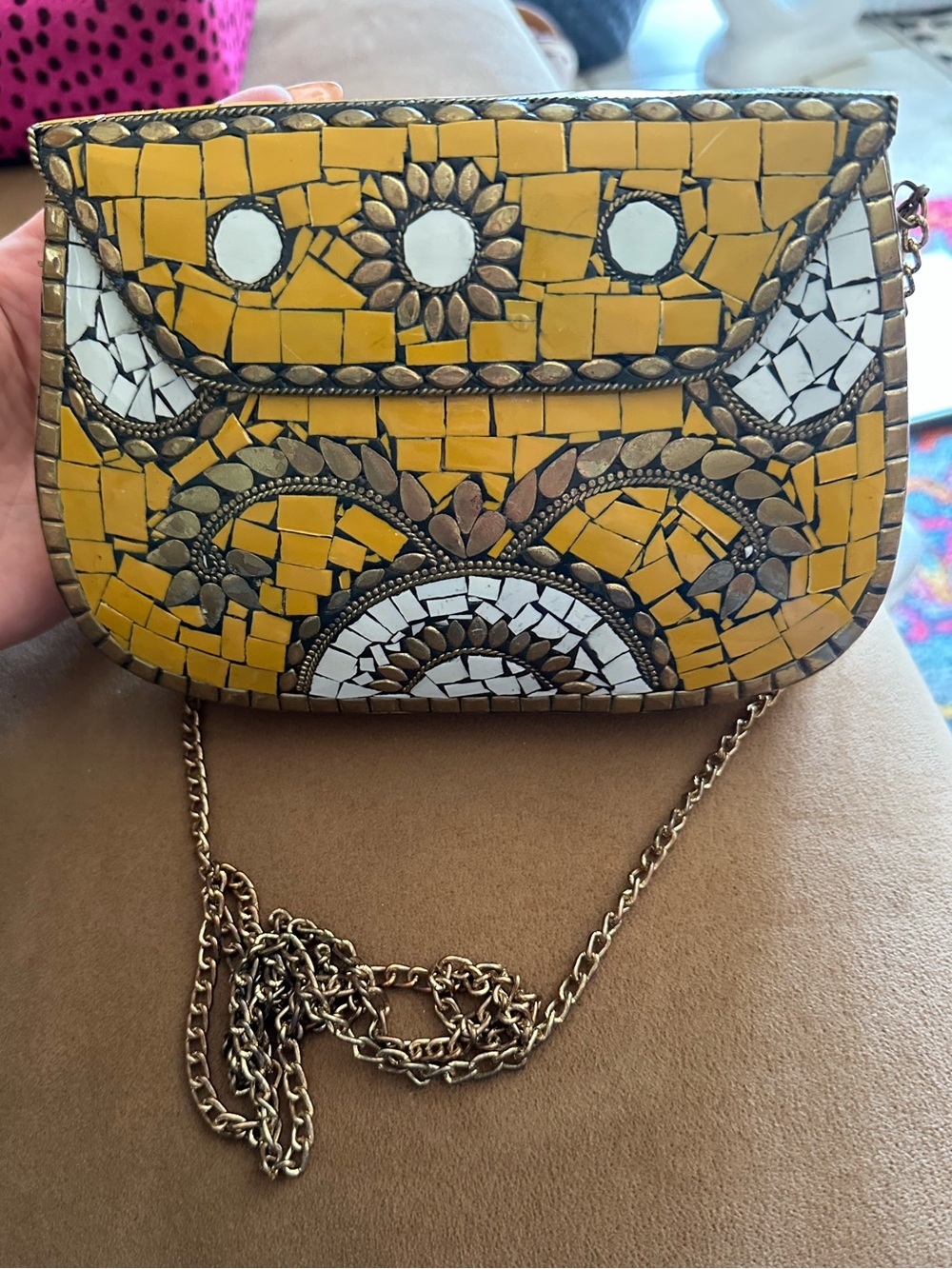 Antik Kraft Yellow Mosaic Crossbody with Gold Chain Detail